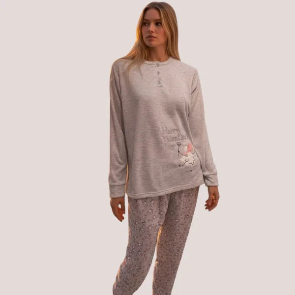 Γυναικεία Βαμβακερή ζεστή Πιτζάμα fashion με σχέδιο προβατάκια γκρί μπλούζα με κουμπιά και γκρί παντελόνι Happy Valentine's Day F5683 Grey