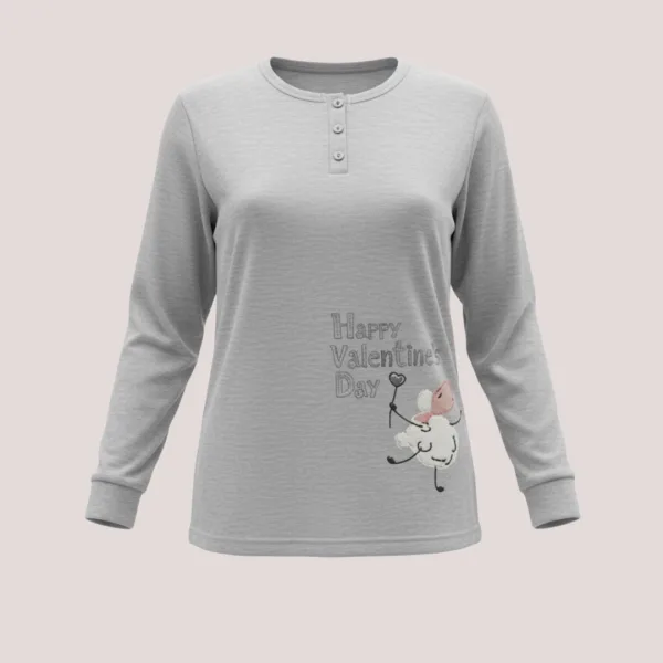 Γυναικεία Βαμβακερή ζεστή Πιτζάμα fashion με σχέδιο προβατάκια γκρί μπλούζα με κουμπιά και γκρί παντελόνι Happy Valentine's Day F5683 Grey