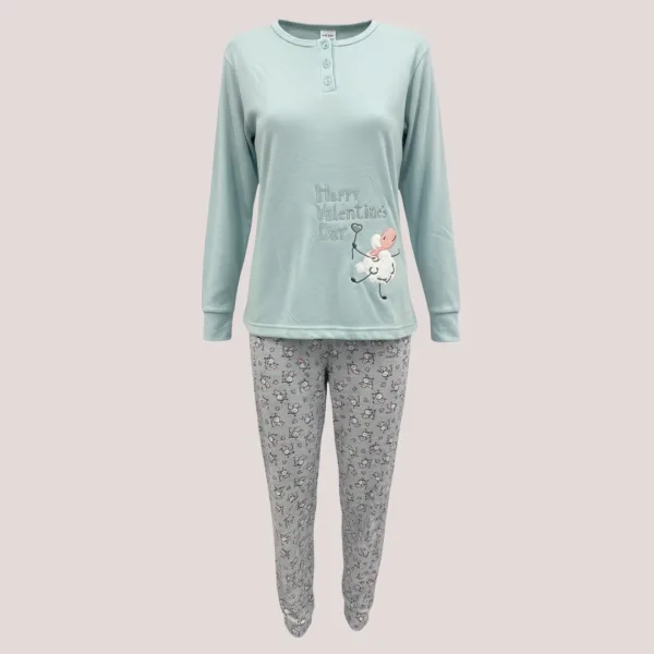 Γυναικεία Βαμβακερή ζεστή Πιτζάμα fashion με σχέδιο προβατάκια Πετρόλ μπλούζα με κουμπιά και γκρί παντελόνι Happy Valentine's  F5683 Petrol