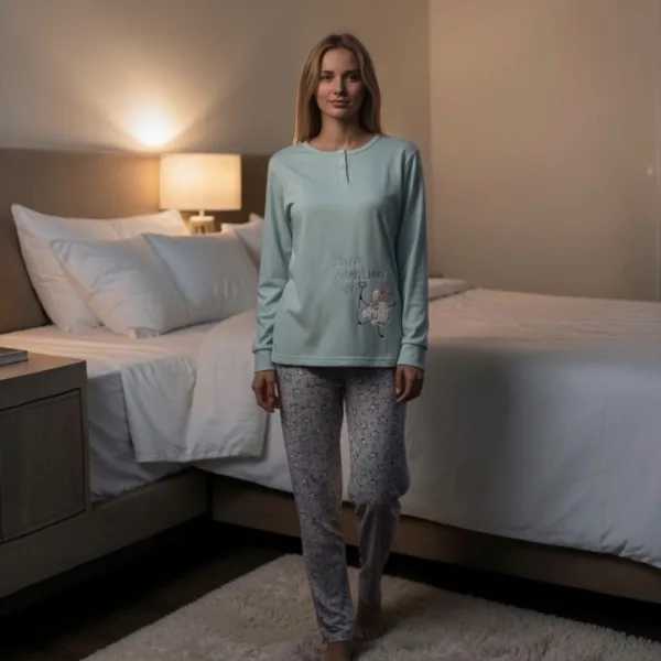 Γυναικεία Βαμβακερή ζεστή Πιτζάμα fashion με σχέδιο προβατάκια Πετρόλ μπλούζα με κουμπιά και γκρί παντελόνι Happy Valentine's  F5683 Petrol