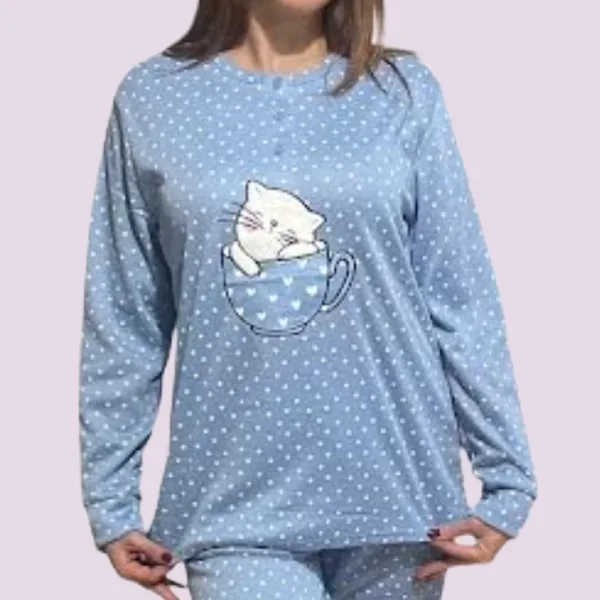 Γυναικεία Βαμβακερή Μπλέ ζεστή Πιτζάμα με 3 κουμπιά fashion με σχέδιo γατούλα γούνινη SF1083 BLUE