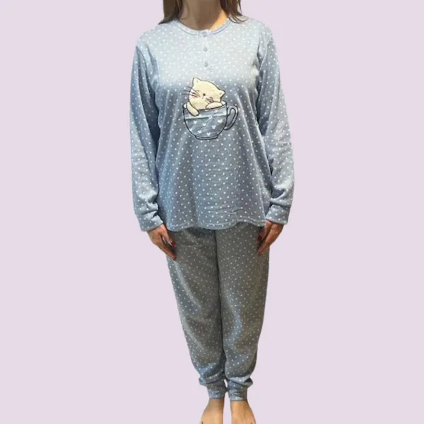 Γυναικεία Βαμβακερή Μπλέ ζεστή Πιτζάμα με 3 κουμπιά fashion με σχέδιo γατούλα γούνινη SF1083 BLUE
