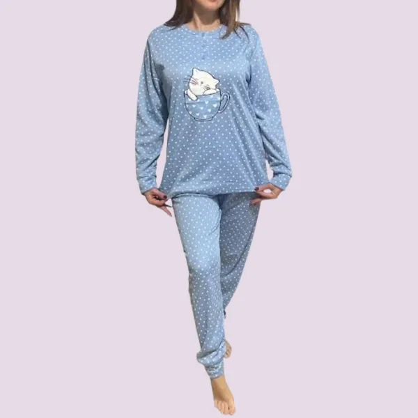 Γυναικεία Βαμβακερή Μπλέ ζεστή Πιτζάμα με 3 κουμπιά fashion με σχέδιo γατούλα γούνινη SF1083 BLUE