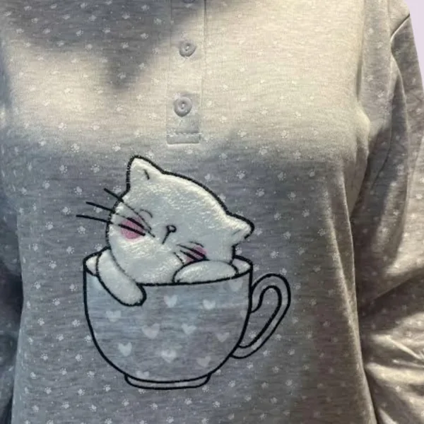 Γυναικεία Βαμβακερή Γκρί ζεστή Πιτζάμα με 3 κουμπιά fashion με σχέδιo γατούλα γούνινη SF1083 Grey