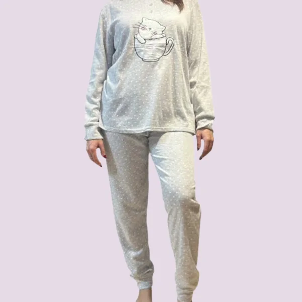 Γυναικεία Βαμβακερή Γκρί ζεστή Πιτζάμα με 3 κουμπιά fashion με σχέδιo γατούλα γούνινη SF1083 Grey