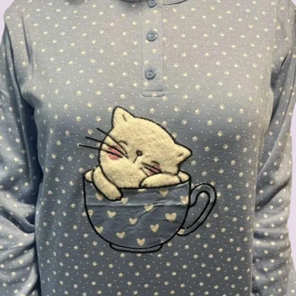 Γυναικεία Βαμβακερή Γκρί ζεστή Πιτζάμα με 3 κουμπιά fashion με σχέδιo γατούλα γούνινη SF1083 Grey