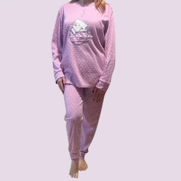 Γυναικεία Βαμβακερή Ροζ ζεστή Πιτζάμα με 3 κουμπιά fashion με σχέδιo γατούλα γούνινη SF1083 PINK