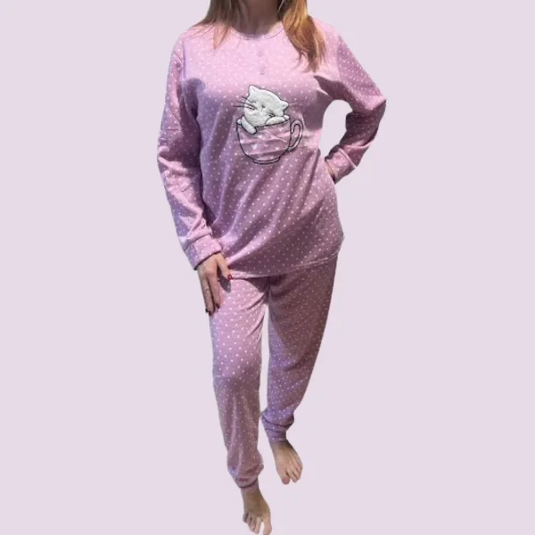 Γυναικεία Βαμβακερή Ροζ ζεστή Πιτζάμα με 3 κουμπιά fashion με σχέδιo γατούλα γούνινη SF1083 PINK