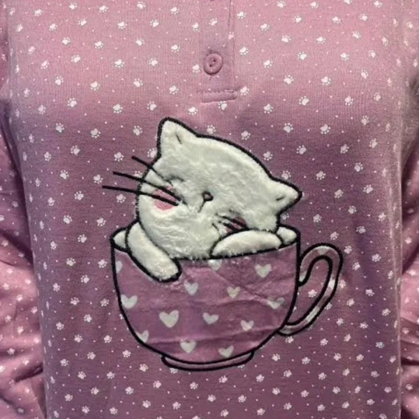 Γυναικεία Βαμβακερή Ροζ ζεστή Πιτζάμα με 3 κουμπιά fashion με σχέδιo γατούλα γούνινη SF1083 PINK