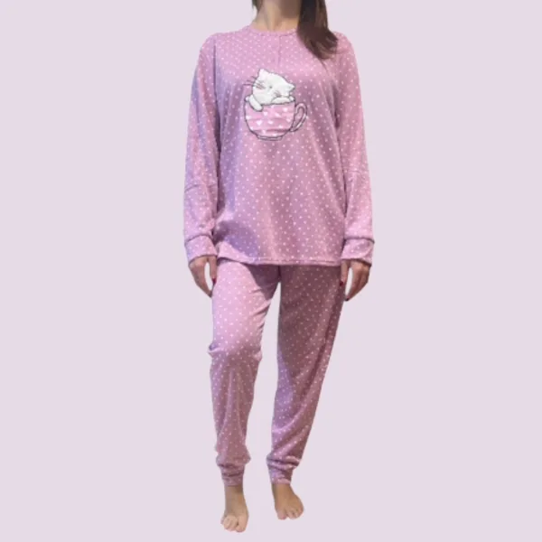 Γυναικεία Βαμβακερή Ροζ ζεστή Πιτζάμα με 3 κουμπιά fashion με σχέδιo γατούλα γούνινη SF1083 PINK
