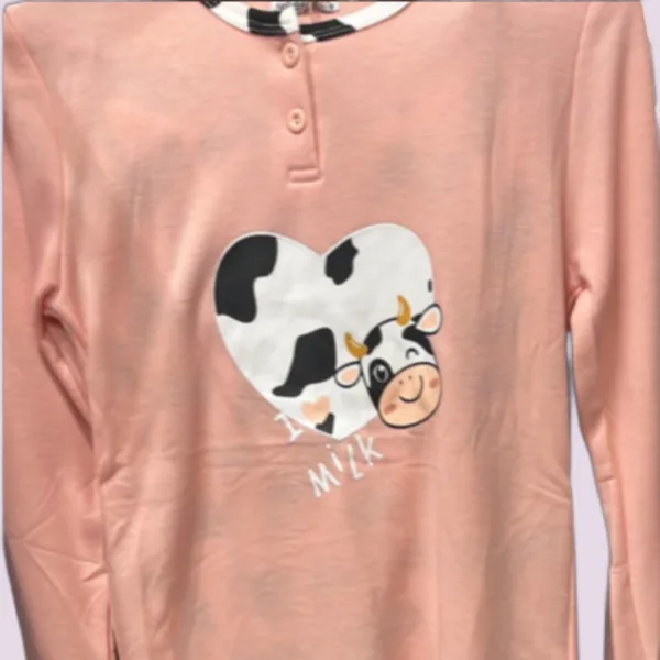 Γυναικεία Βαμβακερή ζεστή Πιτζάμα fashion με σχέδιο αγελαδίτσα σομόν μπλούζα με κουμπιά και παντελόνι λευκό Woo Q1035