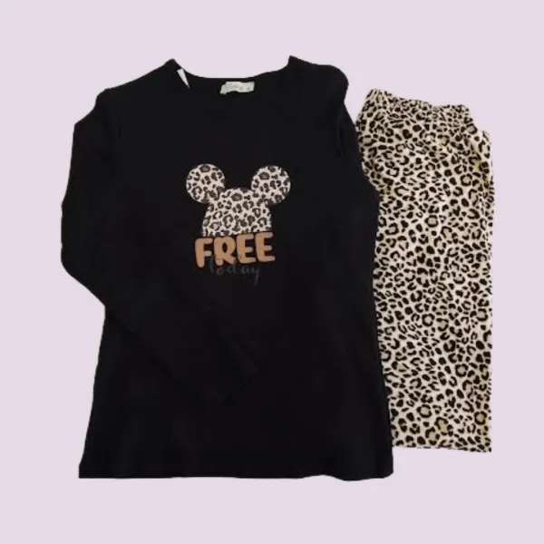 Γυναικεία Χειμερινή Πιτζάμα Mαύρη Μπλούζα λεοπάρ παντελόνι  Animal.print.Minnie