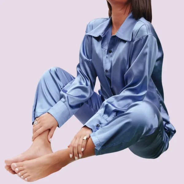 Γυναικείο Σετ σατέν πιτζάμας 3 τεμ πουκάμισο μπούστο & παντελόνι Μπλέ Blue SY6335