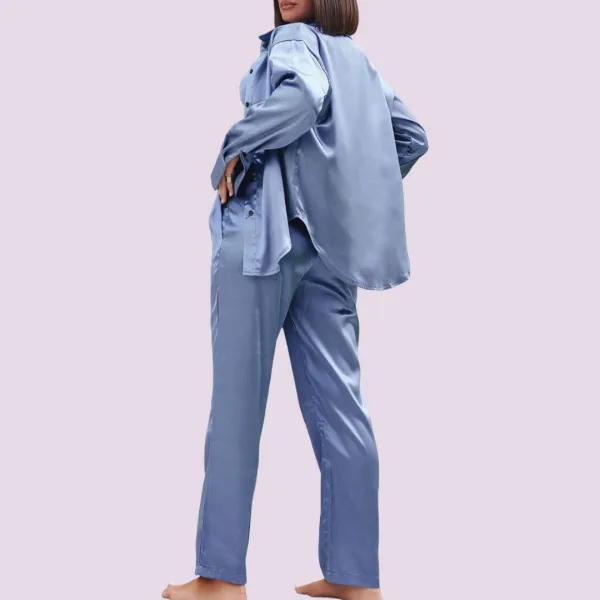 Γυναικείο Σετ σατέν πιτζάμας 3 τεμ πουκάμισο μπούστο & παντελόνι Μπλέ Blue SY6335