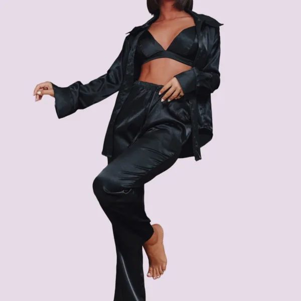 Γυναικείο Σετ σατέν πιτζάμα 3 τεμ πουκάμισο μπούστο & παντελόνι Μαύρο Black SY6335