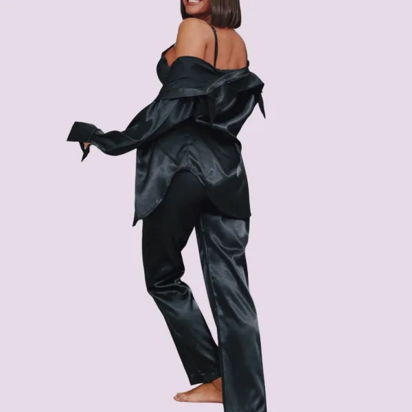 Γυναικείο Σετ σατέν πιτζάμα 3 τεμ πουκάμισο μπούστο & παντελόνι Μαύρο Black SY6335