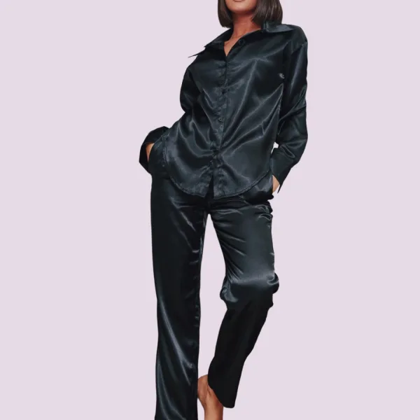Γυναικείο Σετ σατέν πιτζάμα 3 τεμ πουκάμισο μπούστο & παντελόνι Μαύρο Black SY6335