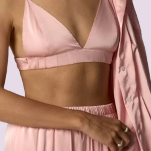 Γυναικείο Σετ σατέν πιτζάμας 3 τεμ πουκάμισο μπούστο & παντελόνι Ροζ Pink SY6335