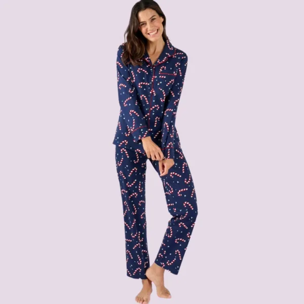Moony Homewears Γυναικεία Χειμερινή Χριστουγεννιάτικη Πιτζάμα με κουμπιά candy γλυφειτζούρια Christams.Blue μπλέ