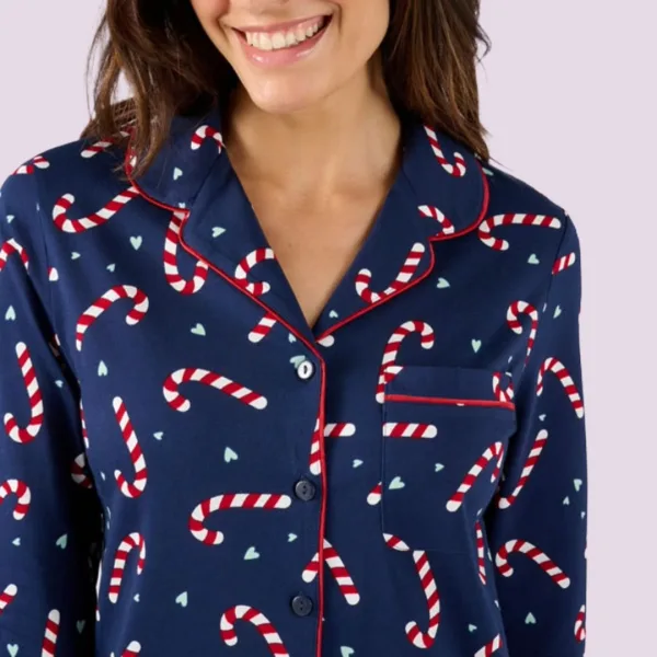 Moony Homewears Γυναικεία Χειμερινή Χριστουγεννιάτικη Πιτζάμα με κουμπιά candy γλυφειτζούρια Christams.Blue μπλέ