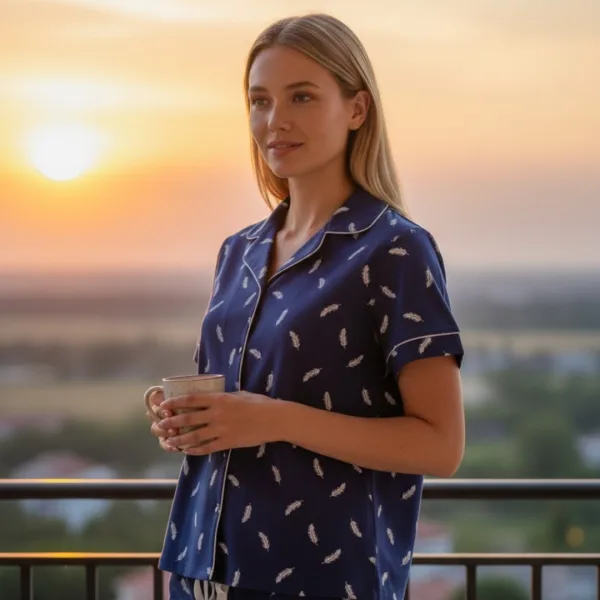 Muydemi Γυναικεία καλοκαιρινή βαμβακερή πιτζάμα μπλέ με κουμπιά και σορτς 260011 Blue 