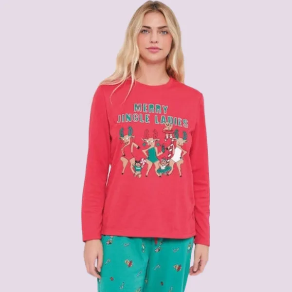 Muydemi βαμβακερή γυναικεία χριστουγεννιάτικη πυτζάμα κόκκινη πράσινη με φανταστικά σχέδια 290052