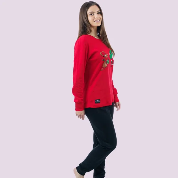 Sara γυναικεία βαμβακερή Χειμερινή Πυτζάμα Χριστουγέννων για όλη την οικογένεια Αγ.Βασίλης & τάρανδος Κόκκινη-Μαύρη 1276