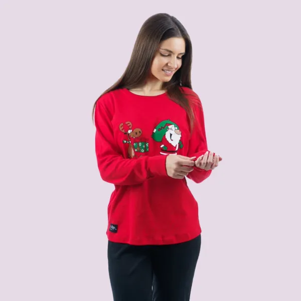 Sara γυναικεία βαμβακερή Χειμερινή Πυτζάμα Χριστουγέννων για όλη την οικογένεια Αγ.Βασίλης & τάρανδος Κόκκινη-Μαύρη 1276