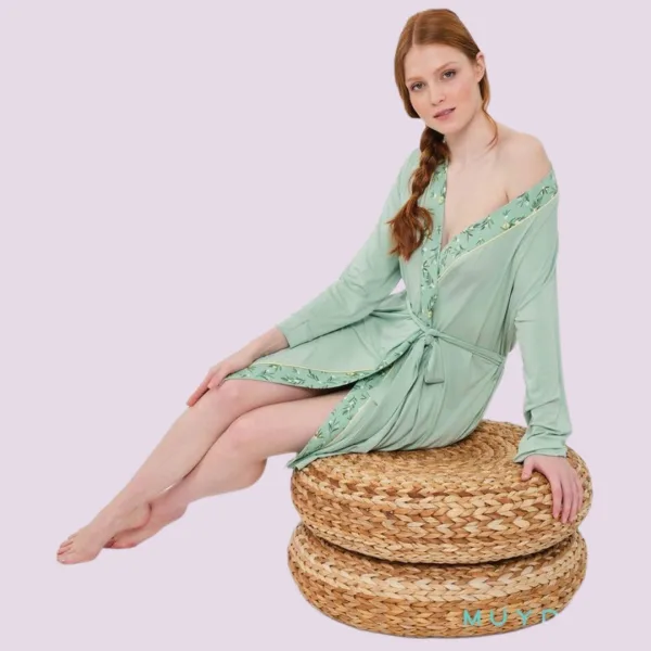 Muydemi Hello Dreamers Γυναικείo βαμβακερή ρόμπα εγκυμοσύνης πράσινο ανοιχτό με λουλούδια στο τελείωμα 284003