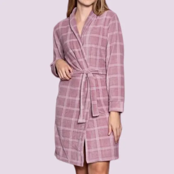 Asel Γυναικεία Χειμερινή Ρόμπα δετή Ροζ Λιλά καρώ fleece 8206 Pink