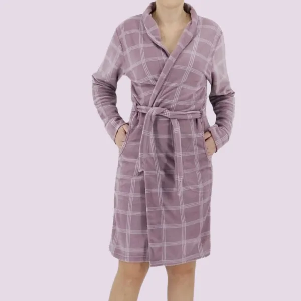 Asel Γυναικεία Χειμερινή Ρόμπα δετή Ροζ Λιλά καρώ fleece 8206 Pink