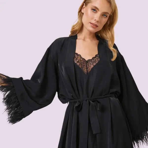 Aruelle Γυναικεία Viscose Ρόμπα μαύρη πολυτελείας με πούπουλα στα μανίκια Brigitte 
