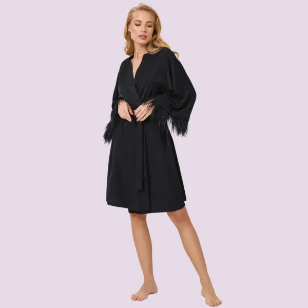 Aruelle Γυναικεία Viscose Ρόμπα μαύρη πολυτελείας με πούπουλα στα μανίκια Brigitte 