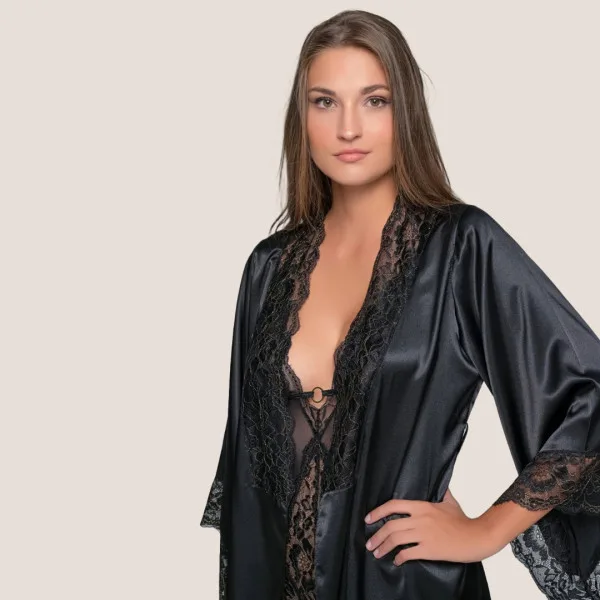 Milena by Paris Γυναικεία Μαύρη Ρόμπα Σατέν με Χρυσή Δαντέλα 005412 Milena by Paris Γυναικεία Μαύρη Ρόμπα Σατέν με Χρυσή Δαντέλα 005412