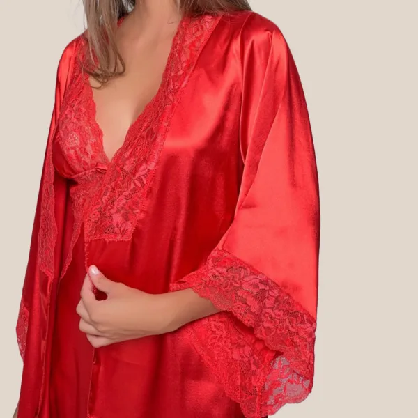 Milena by Paris Γυναικεία Ρόμπα Σατέν Κόκκινη με Χρυσή Δαντέλα 005412