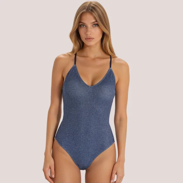 Bilitis Γυναικείο Ολόσωμο Μαγιό Eclipse Μπλέ μεταλλιζέ Blue Roua με χαμηλή πλάτη & φανταστικό δέσιμο Luxury collection EC245