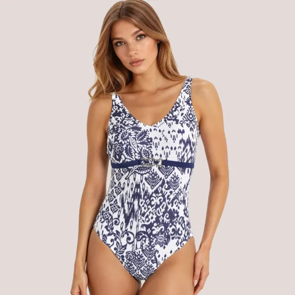 Bilitis Γυναικείο Ολόσωμο Μαγιώ Pacifica Μπλέ Λευκό μεταλλιζέ με χαμηλή πλάτη & ντεκολτέ μπροστά  Luxury collection PC226