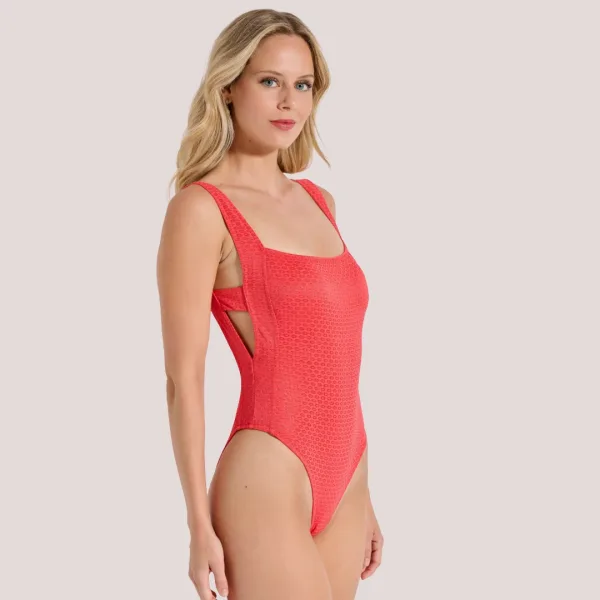 Bilitis Γυναικείο Ολόσωμο Μαγιώ shaper ίσιο μπροστά με υπέροχη πλάτη με κούμπωμα Fantasia κοραλί coral color  FA285 Luxury collection