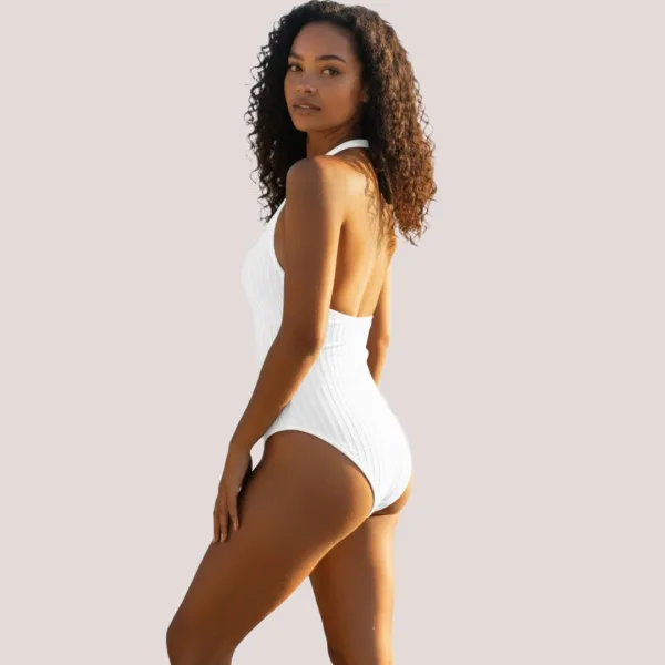 Modern Ocean Γυναικείο ολόσωμο χρώμα Λευκό V δετό μαγιό με ανάγλυφο ύφασμα & καφέ ραφές 1619 Ivory