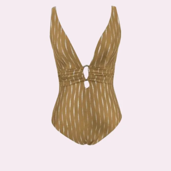 Modern Ocean Γυναικείο μοντέρνο Ολόσωμο Χρυσό Gold Μαγιώ με χαμηλό ντεκολτέ και ρυθμιζόμενες τιράντες C-6031 Gold