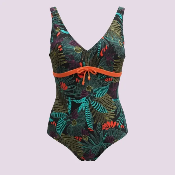 Γυναικείο  Ολόσωμο Μαγιό Μαύρο με Φλοοράλ χρώματα & πορτοκαλί ζώνη S74422  Beachwear Swimsuit