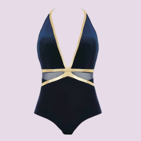 Self  Luxury Swimwear Γυναικείο Ολόσωμο καφέ βελούδινο μαγιό με χρυσές λεπτομέρειες με βαθύ ντεκολτέ & διαφάνειες push up 1018E19