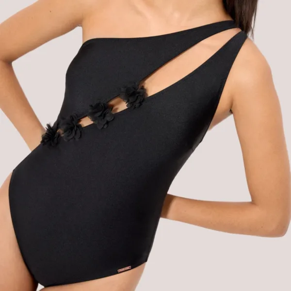 Ysabel Mora Γυναικείο Μαγιό Ολόσωμο με έναν ώμο μαύρο γυαλιστερό με ανοίγματα μπροστά black One piece 83172