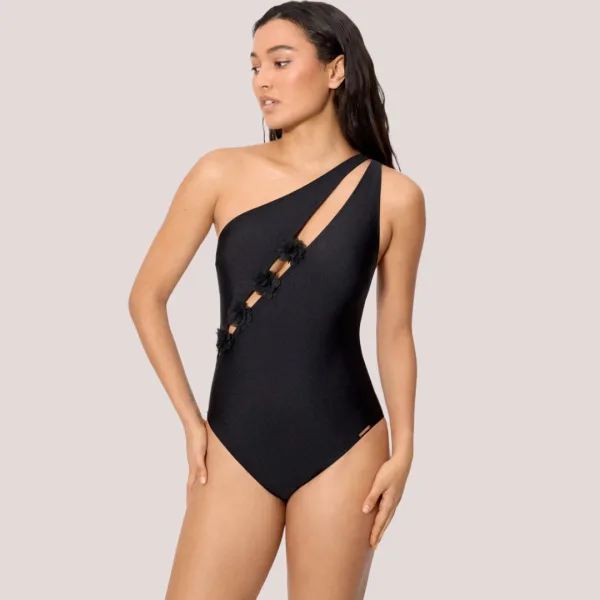 Ysabel Mora Γυναικείο Μαγιό Ολόσωμο με έναν ώμο μαύρο γυαλιστερό με ανοίγματα μπροστά black One piece 83172