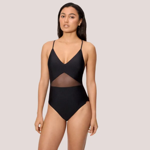 Ysabel Mora Γυναικείο Μαγιό Ολόσωμο μαύρο γυαλιστερό με υπέροχες διαφάνειες black One piece 83280