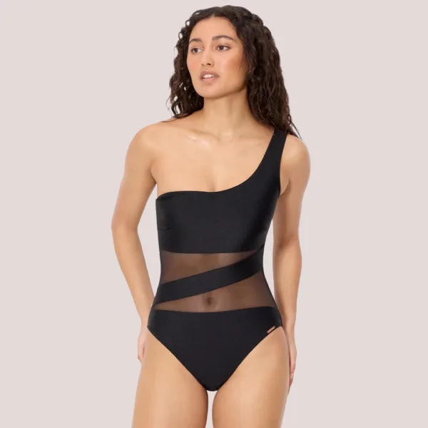 Ysabel Mora Γυναικείο Μαγιό Ολόσωμο με έναν ώμο μαύρο γυαλιστερό με υπέροχες διαφάνειες black One piece 83281