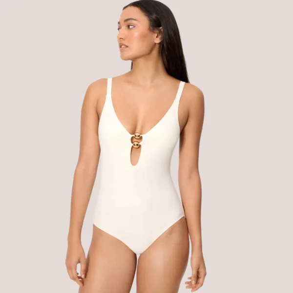 Ysabel Mora Γυναικείο Μαγιό Ολόσωμο shaping lycra με χρυσούς κρίκους Ivory Ιβουάρ  One piece 83471 MARFIL