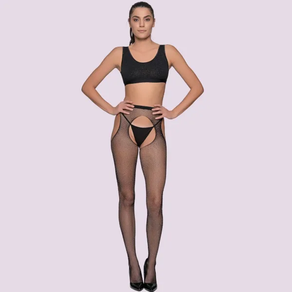 Milena by Paris Super sexy Διχτυωτό Καλσόν με Strass και Ανοιχτό Καβάλο  Μαύρο Black 005432