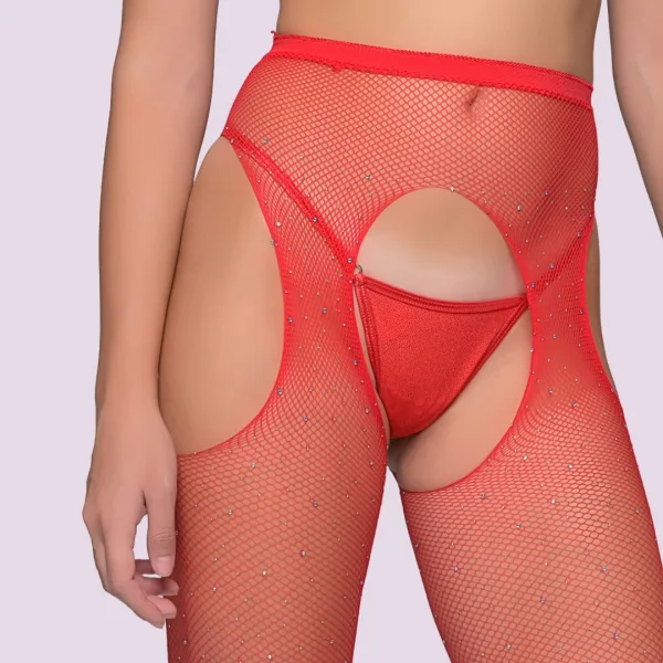 Milena by Paris Super sexy Διχτυωτό Καλσόν με Strass και Ανοιχτό Καβάλο Κόκκινο Red 005432