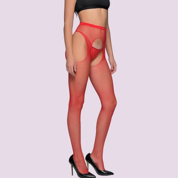 Milena by Paris Super sexy Διχτυωτό Καλσόν με Strass και Ανοιχτό Καβάλο Κόκκινο Red 005432